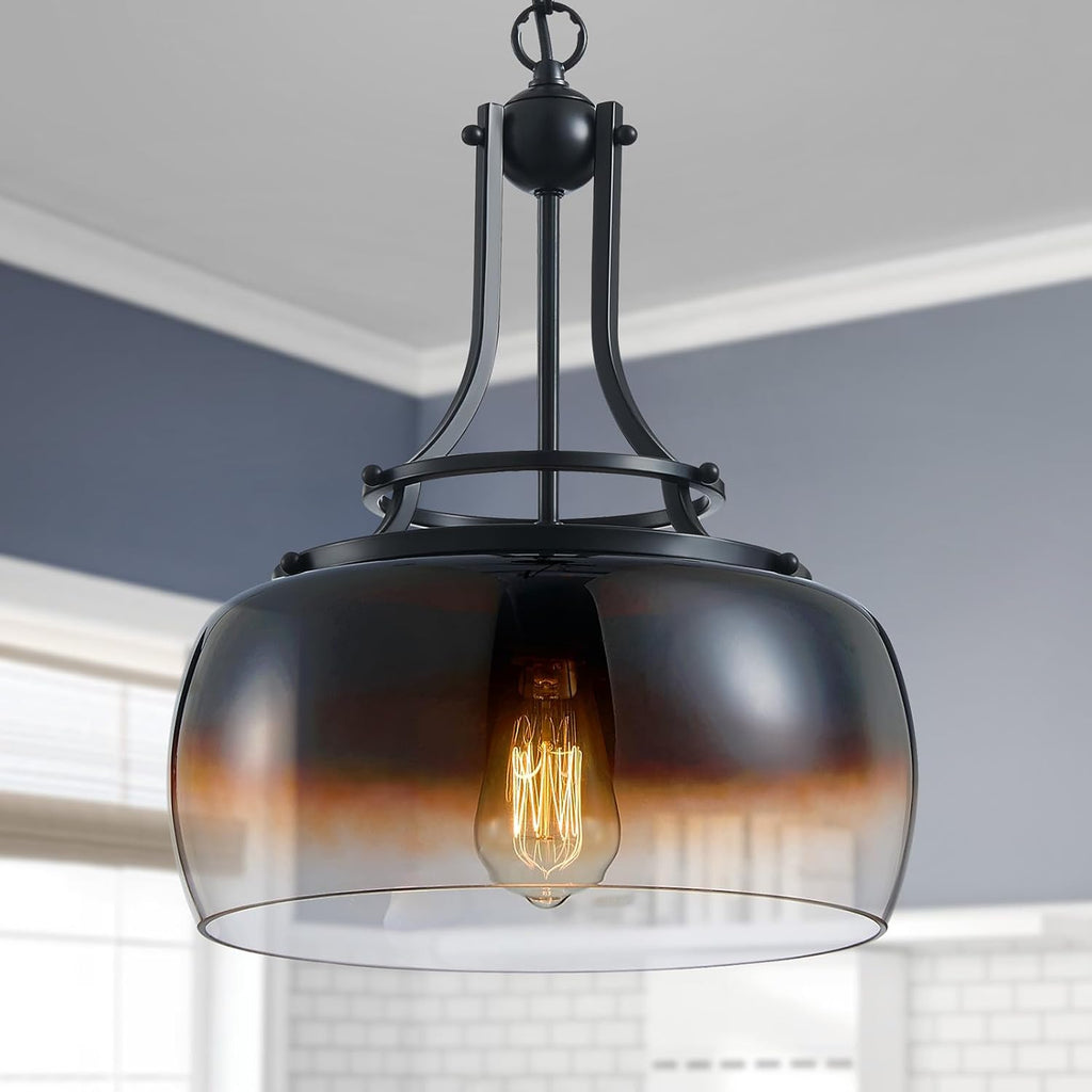 WUZUPS Chandelier Rustic Farmhouse Industrial Round Ceiling Pendant LED Light Fixture with Amber Gradient Black Glass Shades for Dining Room Kitchen Island Foyer Entryway, H 17" x W 13.4", E26 Base