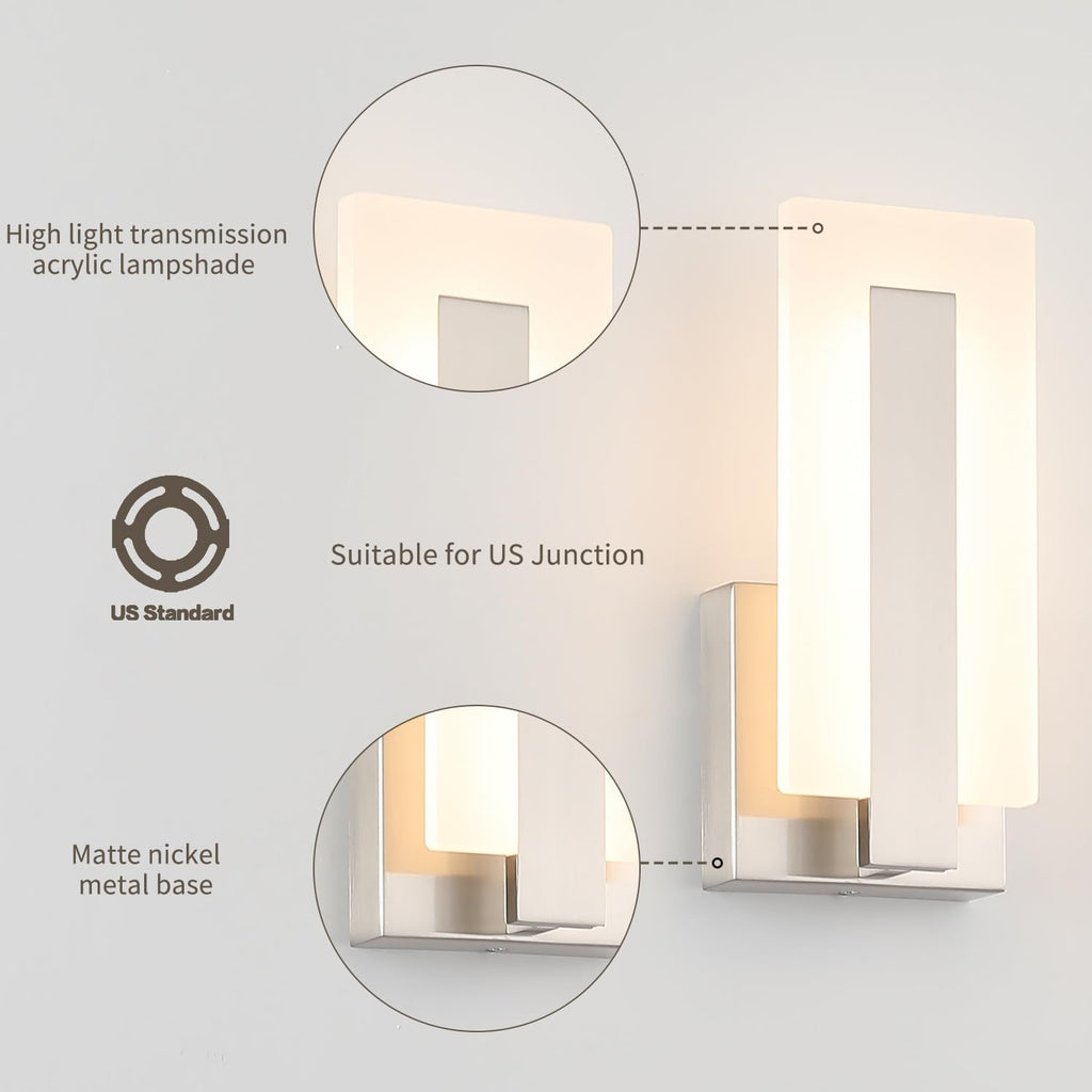 Joosenhouse LED Wall Sconce Set of 2, Hardwired Dimmable Wall Mounted Lights, Indoor Wall Lights for Hallway, Bedroom, Study, Living Room, 9.76 Inch Brushed Nickel Wall Sconce Lighting