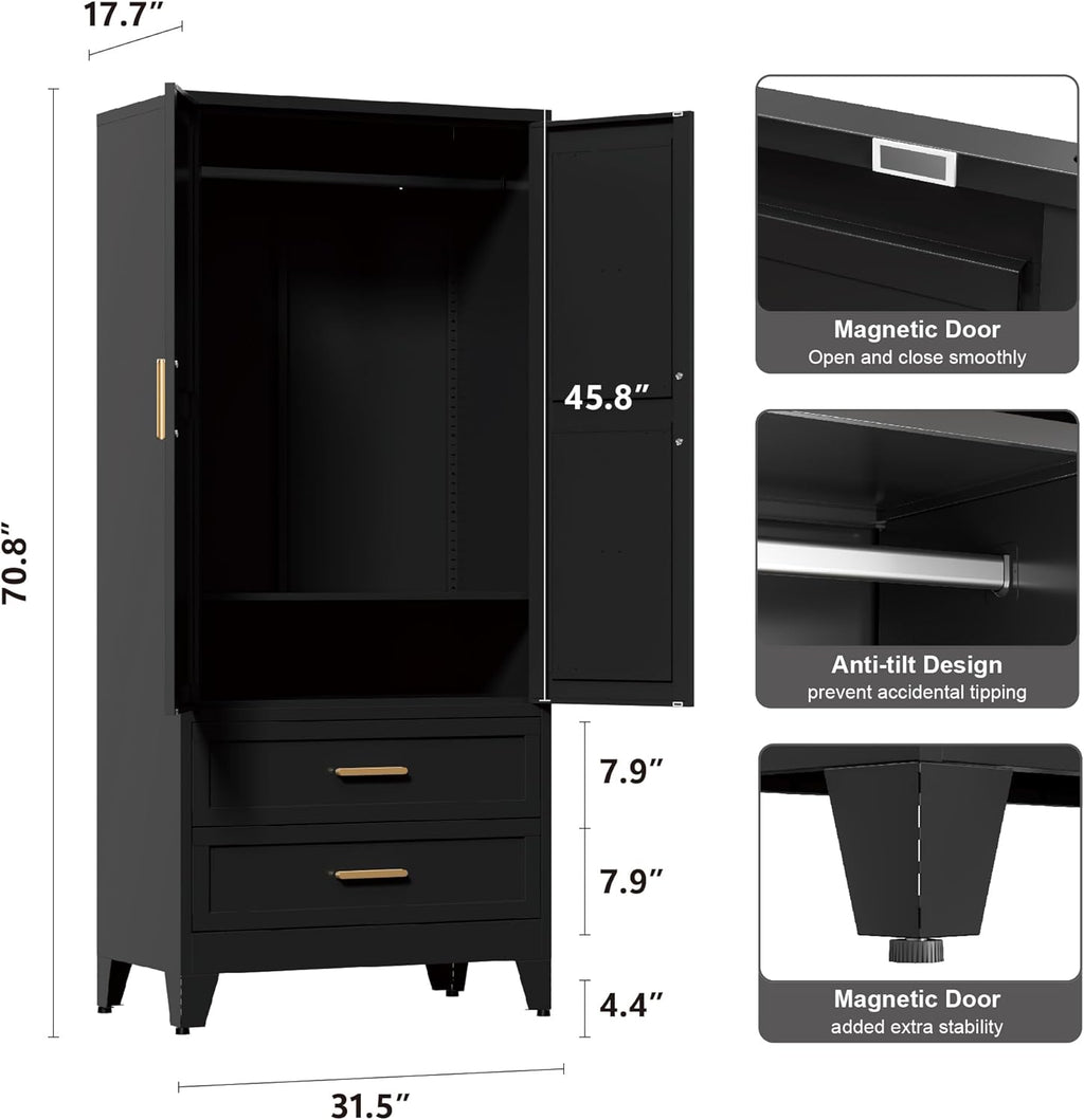 71'' Farmhouse Metal Wardrobe Cabinet with Hanging Rod, 2 Barn Door Wardrobe Closet with Adjustable Shelves,2 Drawer,for Dining Room,Bedroom,Living Room, Cloak Room,Office (Black)