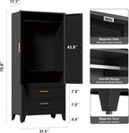 71'' Farmhouse Metal Wardrobe Cabinet with Hanging Rod, 2 Barn Door Wardrobe Closet with Adjustable Shelves,2 Drawer,for Dining Room,Bedroom,Living Room, Cloak Room,Office (Black)