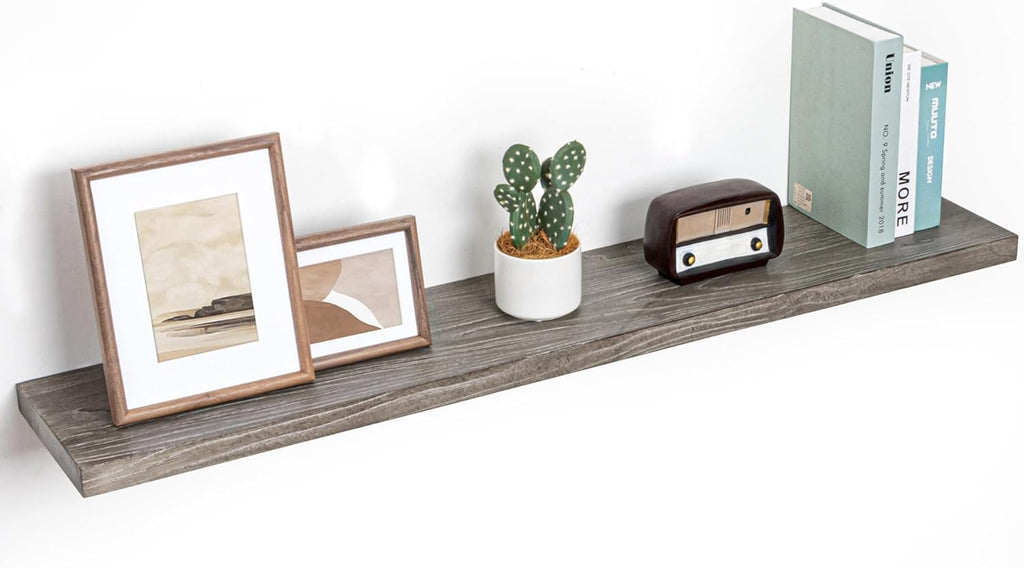 Fun Memories Floating Shelves for Wall, 48"x9.3" Rustic Solid Elm Wood Shelves, Heavy-Duty Wall Mounted Shelves with Invisible Brackets for Living Room, Bedroom, Kitchen, Grey Finish
