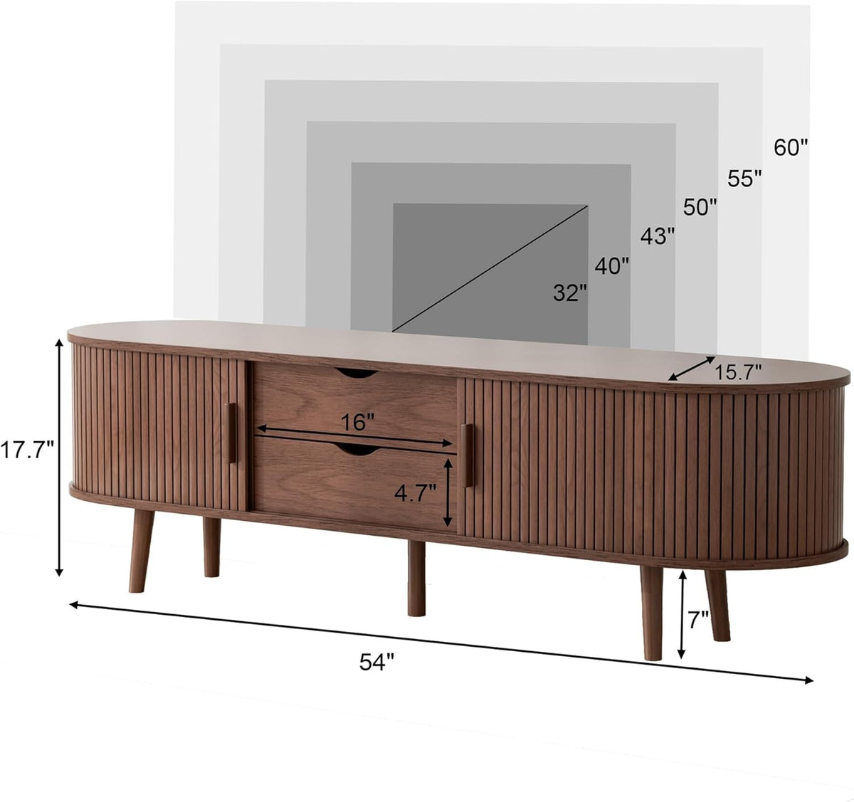 55" Mid Century TV Stand, Fluted TV Stand Fits 32" to 60" TVs. Wood Entertainment Center for Living Room, Farmhouse Modern TV and Media Console Table with Storage, Curved Edge and Sliding Door, Walnut