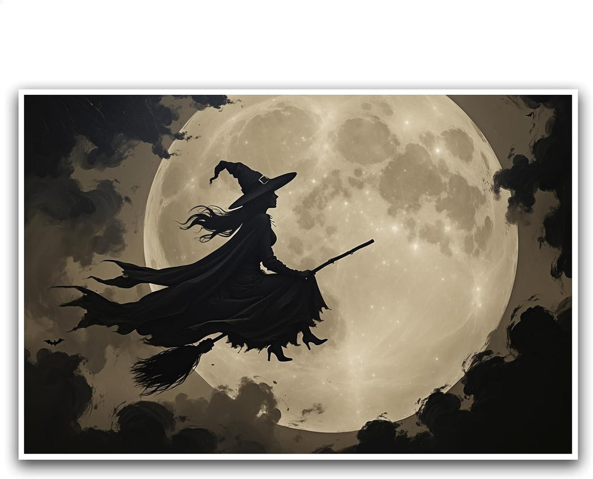 JFHCQJPK Full moon witch silhouette poster witch on magic broom Halloween mural poster decorative mural art suitable for home living room bedroom28x40in Frameless
