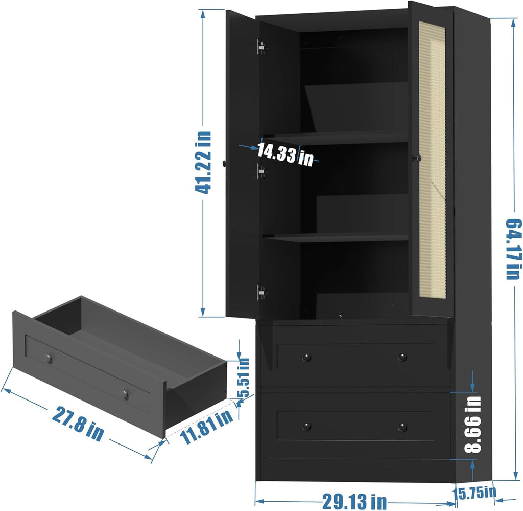 64.2" Tall Rattan Black Kitchen Pantry, Storage Cabinet with Doors and Drawers, Freestanding Wooden Organizer for Kitchen, Dining Room