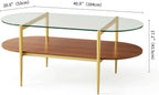 Oval Glass Coffee Table, Mid-Century Modern Design, L41 x W21 x H17 inch, for Living Room, 2-Tier Structure, Clear Glass Top and Walnut Finish Wood Shelf, Conical Legs with Gold Finish Frame