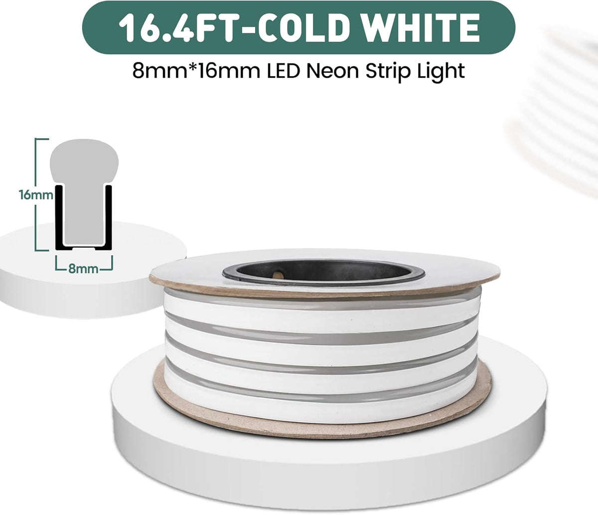 GZBtech Flexible LED Neon Rope Lights 16.4FT,AC 110-120V Waterproof Strip Light, 120 LEDs/M Cuttable Connectable Neon Lighting for Indoor Outdoor Home Decor/Commercial Building Use-Cold White 5M