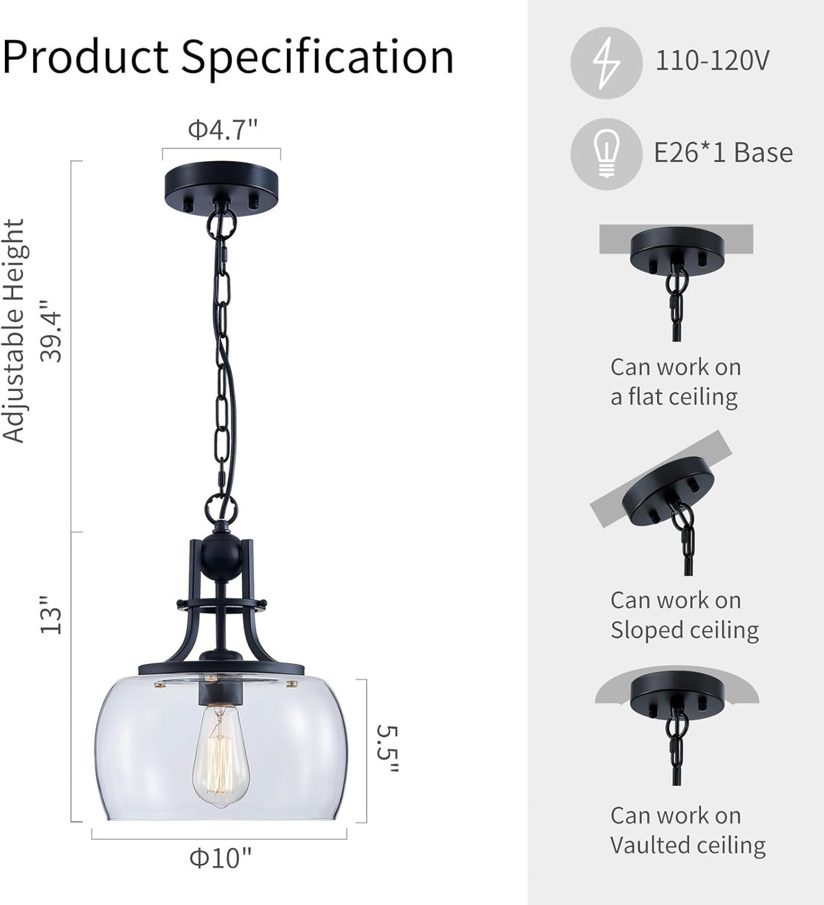 WUZUPS Chandelier Rustic Farmhouse Industrial Round Ceiling Pendant LED Light Fixture with Clear Glass Shades for Dining Room Kitchen Island Foyer Entryway, H 13" x W 10", E26 Base, Black