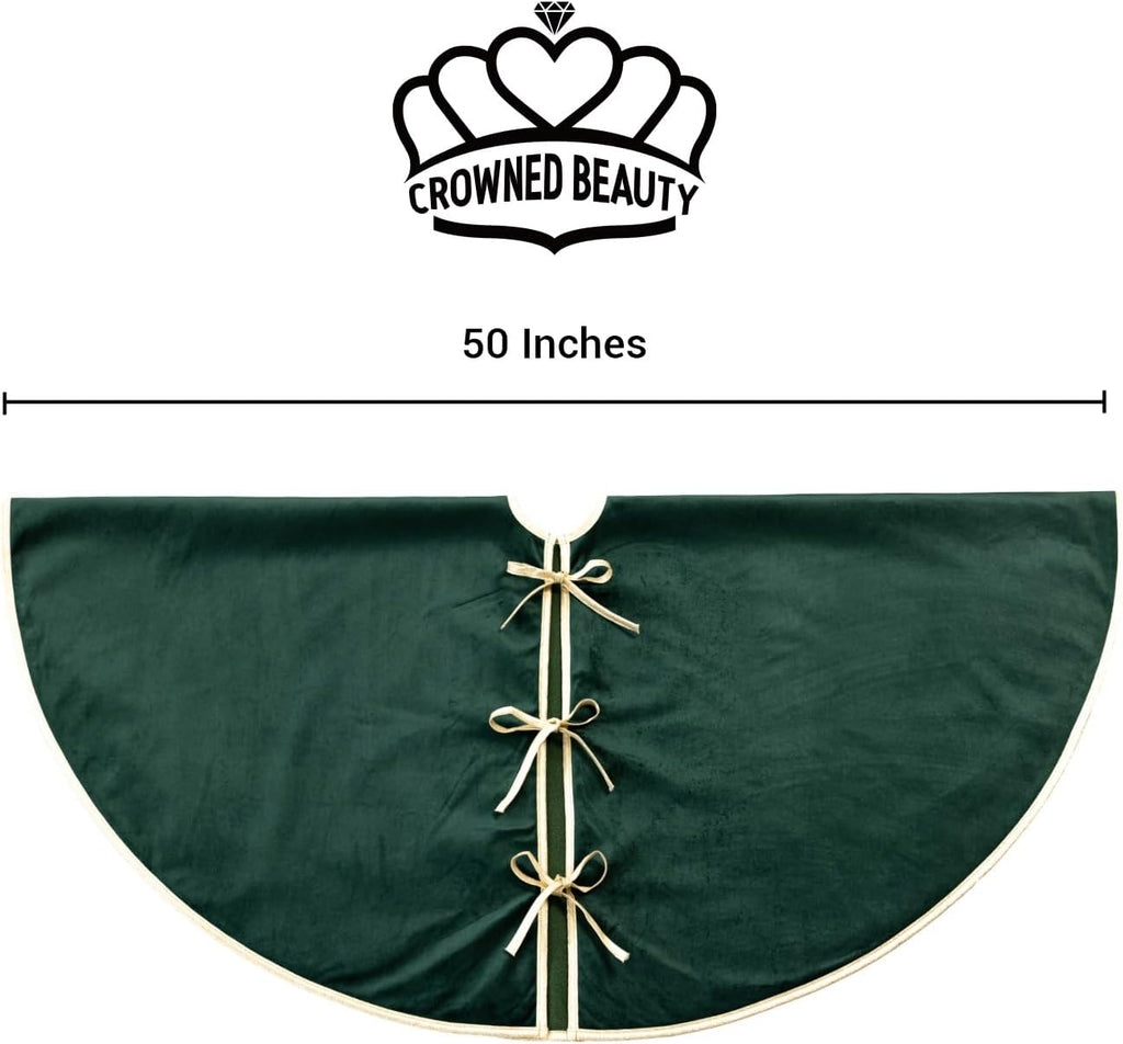 CROWNED BEAUTY Christmas Tree Skirt Velvet Collar 50 Inch Embroidered Gold Soft Plush Fur Holiday Decoration (Green) TS43-50