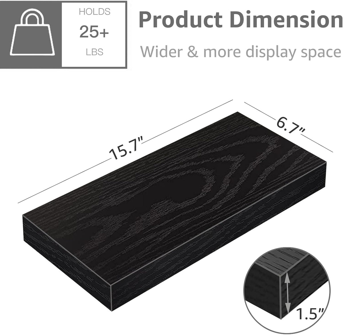 QEEIG Floating Shelves for Wall Bathroom Shelf Bedroom Kitchen Living Room Farmhouse Small Book Shelf 16 inch Set of 2, Black (015-B2)