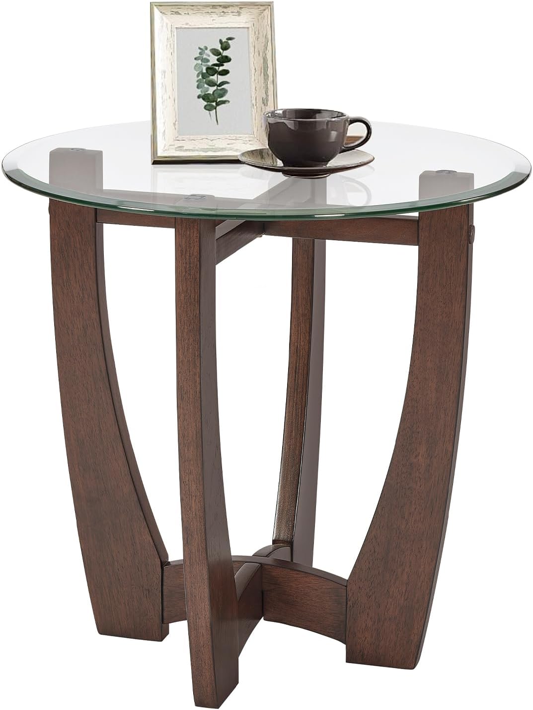 Glass End Table, 23.5" Round Side Tables with Tempered Glass Top Cross and Solid Wood Base Small Night Stand for Living Room Office Apartment Cherry