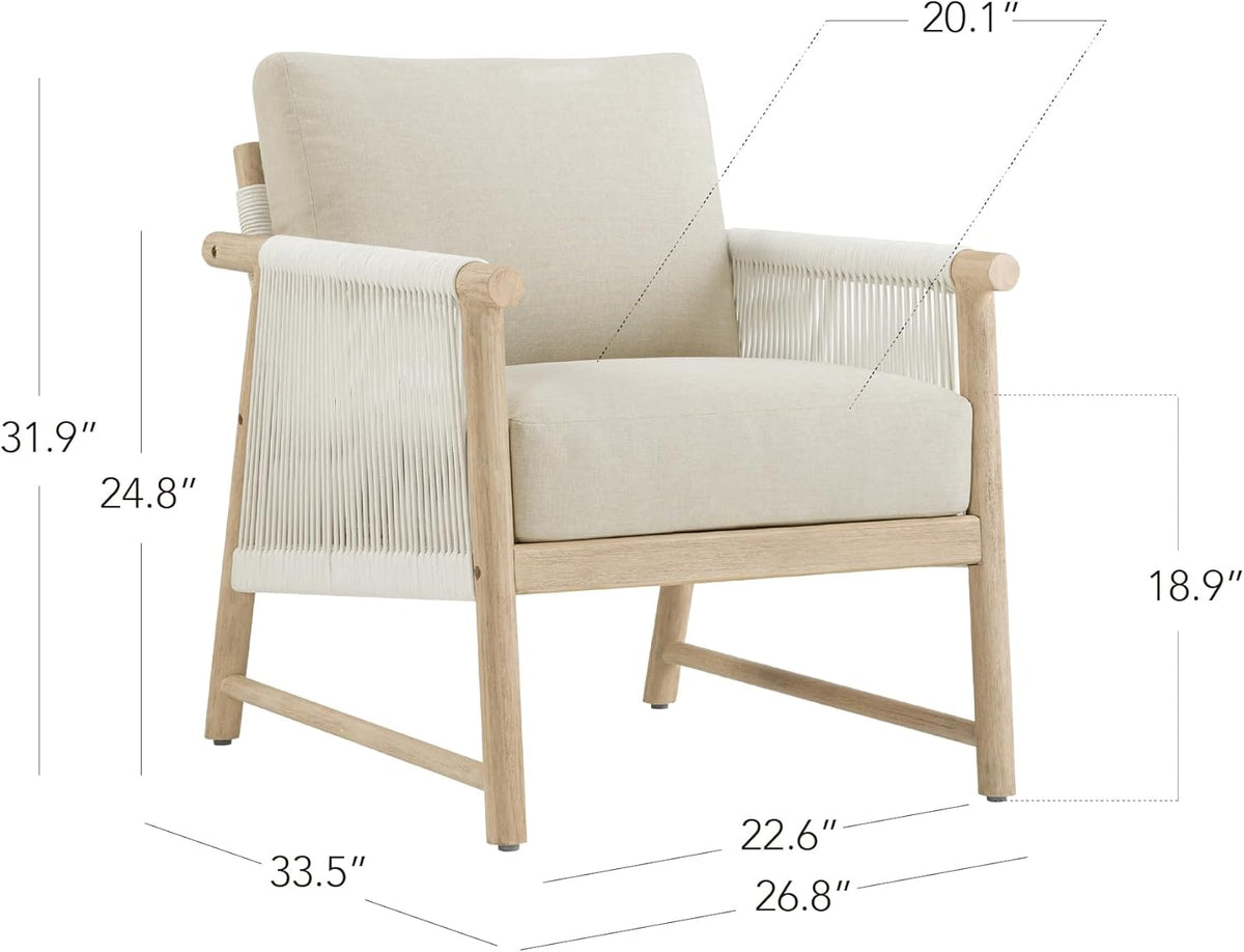 CHITA Boho Patio Rattan Chair, Outdoor Wicker Chair with 7.1″ Thickened Cushions Acacia Wood Frame(Cream)