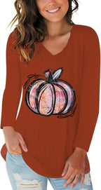 Tobrief Women's Long Sleeve V-Neck Shirts Fall Graphic Tees Loose Casual T-Shirt
