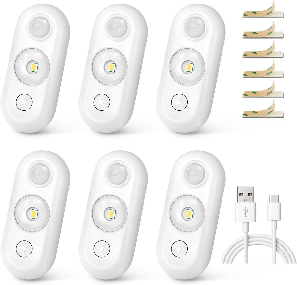 LED Motion Sensor Puck Lights, Under Cabinet Lighting, Indoor Rechargeable Wireless Cabinet Light, Dimmable Magnetic Stick-On Night Lights for Closet, Counter, Kitchen, Stairs, 3000K Warm White 6-Pack