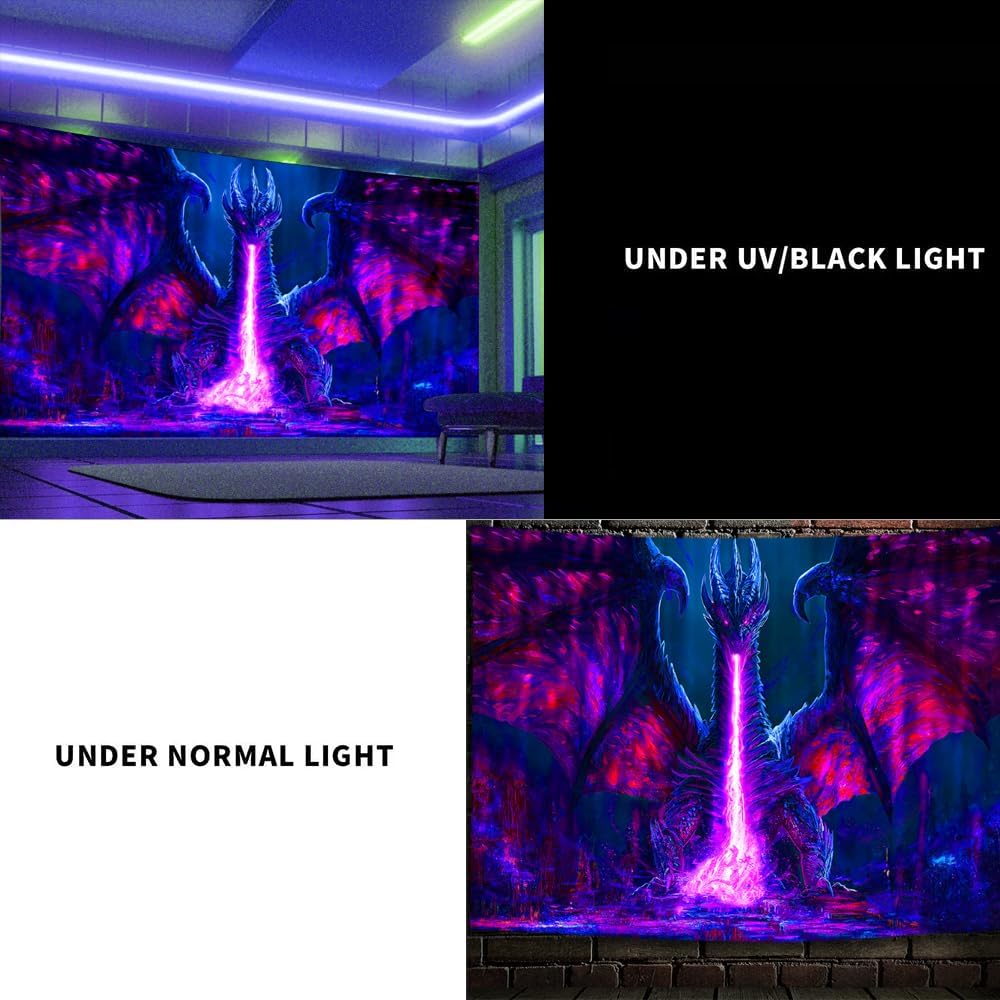 ADDWel Blacklight Dragon Tapestry, Cool Evil-Dragon Tapestry Glow In The Dark, UV Reactive Black Light Posters Wall Hanging for Bedroom Dorm Living Room Backdrop Decor