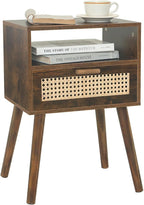 MaxSmeo Mid Century Nightstand, Rattan Side Table with Drawer, Wood Modern Bedside Table for Bedroom, Living Room and Small Spaces (Rustic Brown)