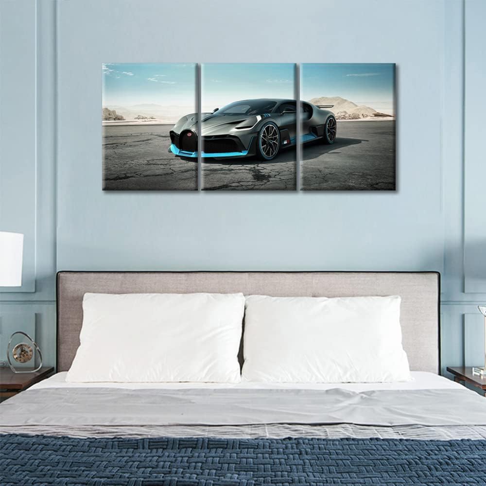 Gray Sports Car Canvas Wall Art for Living Room Home Decor Supercar Speed Car Poster Prints on Canvas Blue Sky Wall Decorations for Men Boys Bedroom Bathroom Office Framed Ready to Hang, 36" Wx16 H