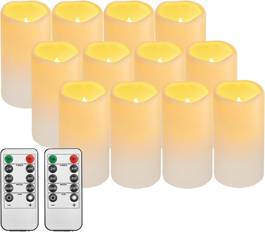 12PACK Outdoor Plastic flameless Candles with Remote Control and Timer, LED Flickering Battery Operated Electric Pillar Candles (D3 xH5.5) for Camping, Weddings, Home Decoration