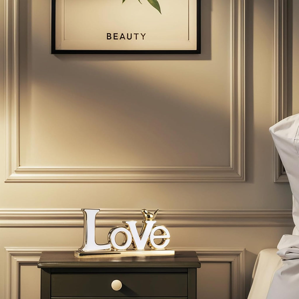 Love Sign Decoration - White & Gold Modern Bird Sculpture Statue, Personalized Love Decor for Living Room, Bedroom, Desktop
