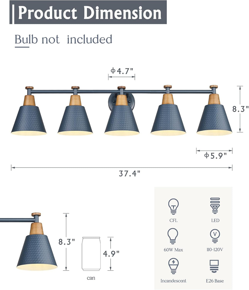 FEMILA 5 Light Bathroom Vanity Light, 37.4" Bathroom Lighting Fixtures Over Mirror, Blue Finish, E26 Base, 4FG59B-5W Blue