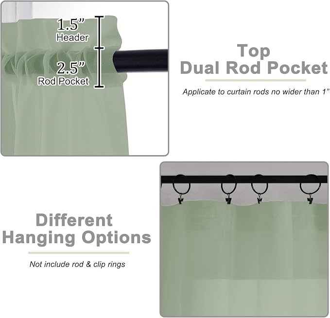 Sheer Green Curtains for Bedroom Living Room 90 Inches Long 2 Panels Set - Image 3