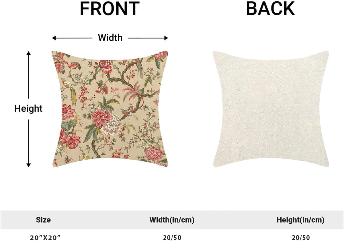 CXMEIFLY Spring Floral Birds Pillow Covers 20 x 20 Inch Set of 2 for Chinoiserie Flowers Decor Throw Pillows Pink Red Plant Outdoor Decorative Cushion Cases for Couch Bed Decorations