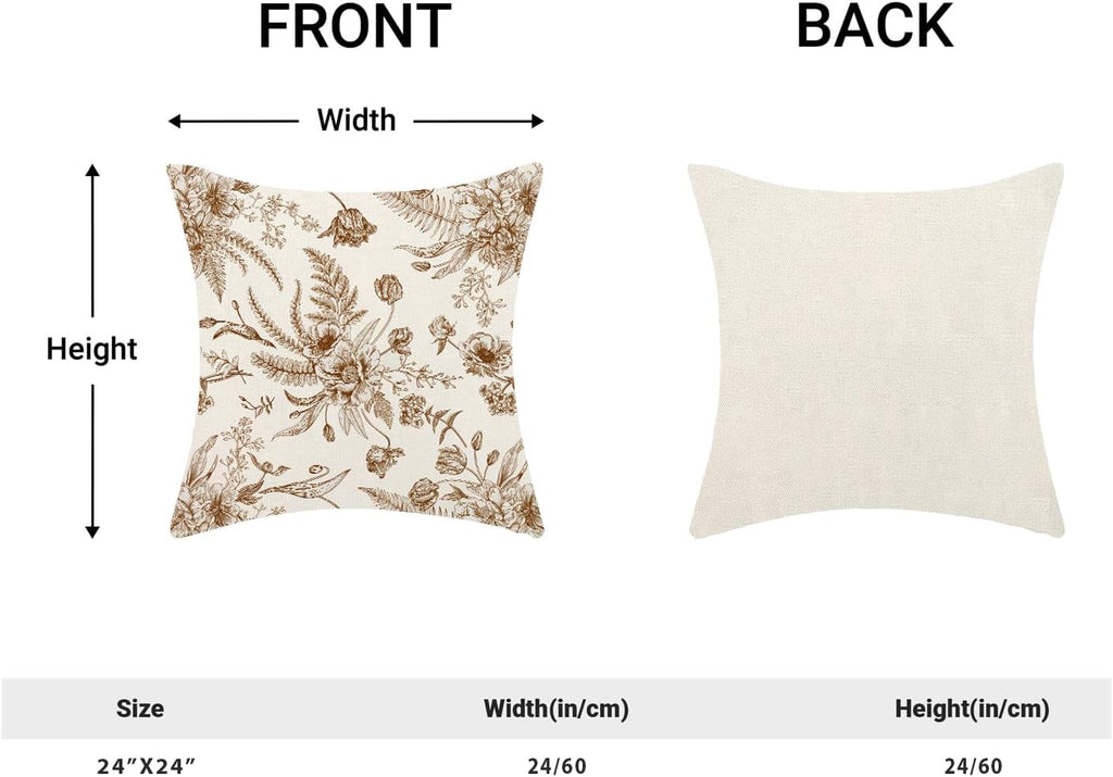 CXMEIFLY Spring Floral Leaves Pillow Covers 24 x 24 Inch Set of 2 for Chinoiserie Flowers Decor Throw Pillows Brown and White Seasonal Plant Outdoor Decorative Cushion Cases for Couch Bed Decorations