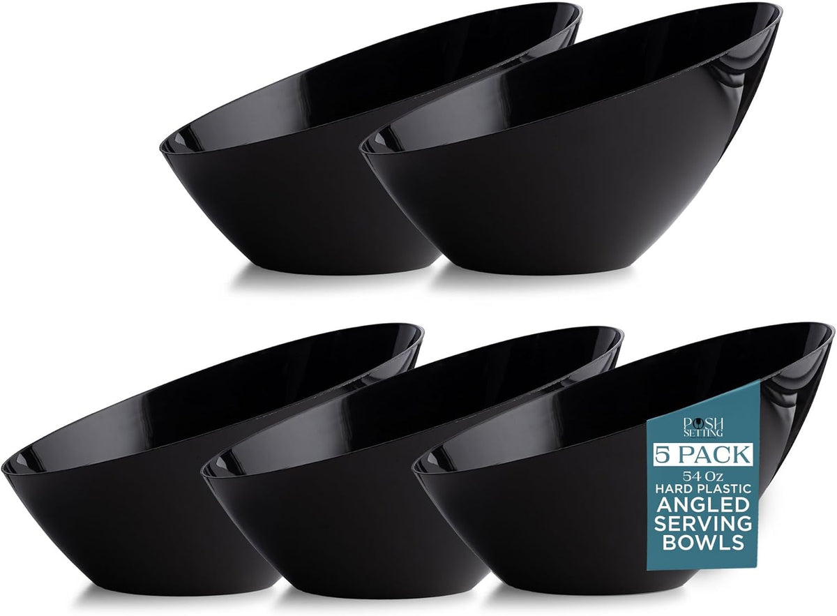 Posh Setting Black Plastic Serving Bowls Disposable - Angled Bowls - Angled Candy Bowl - Plastic Snacks & Chip Bowls for Parties - Black, Gold & Clear, White Serving Dishes, 54 OZ, 5 Pack