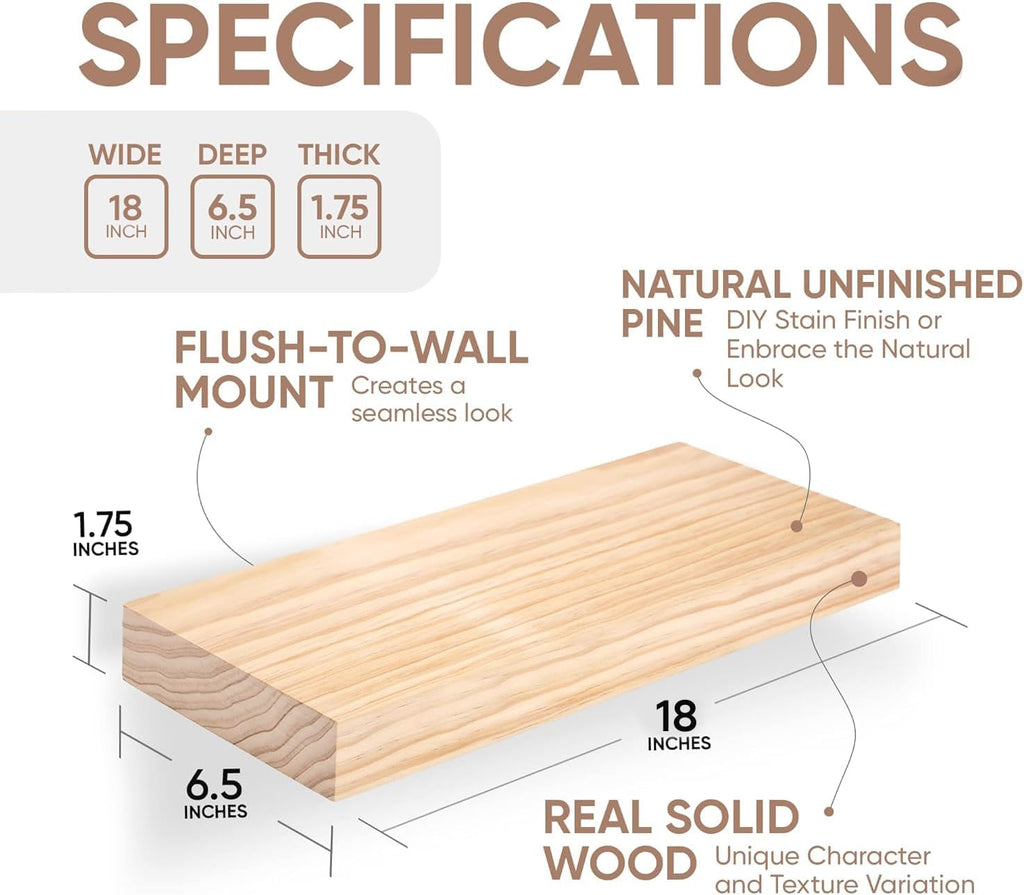 Homeforia 18 inch Wood Floating Shelves, High End Solid Natural Wood 18inch Floating Shelf for Wall Mounted, Unfinished Wooden 18in Floating Shelves, Heavy Duty Bracket, 18 X 6.5 X 1.75 inch, Set of 3