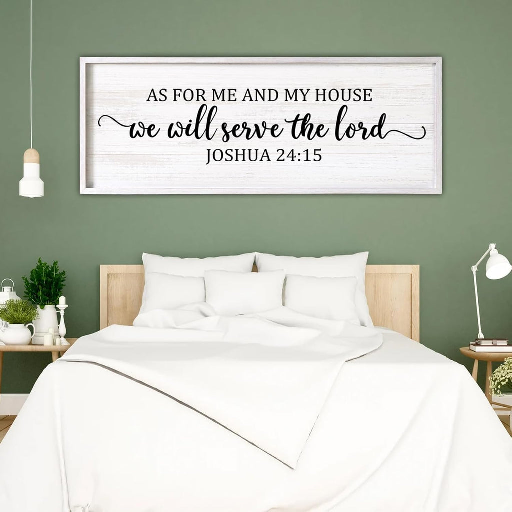 As For Me And My House We Will Serve The Lord Framed Wall Art, 40''×15'' Positive Religious Rustic Bible Verse for Christian God Jesus Christ Prayer, Vintage Horizontal Holy Catholic Scripture Decor