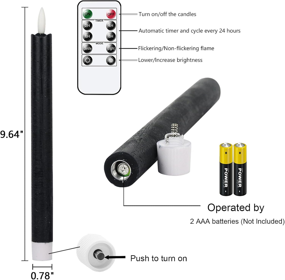 GenSwin Flameless Black Taper Candles Flickering with 10-Key Remote, Battery Operated Led Warm 3D Wick Light Window Candles Real Wax Pack of 6, Christmas Home Wedding Decor(0.78 X 9.64 Inch)