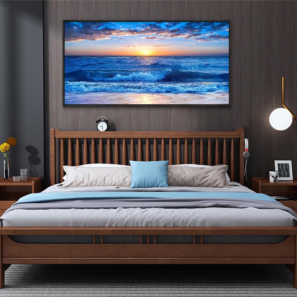Wapluam Canvas Wall Art For Living Room Large Wall Decor For Bedroom Office Wall Decorations Blue Ocean Beach Wall Painting Sunny Sea View Wave Wall Pictures Artwork Room Home Decor Black Framed