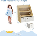 Kids Bookshelf and Toy Organizer, Wooden Kids Bookcase, Toddler Montessori Bookshelf with 3 Movable Drawers, Toy Storage Organizer for Kids Room, Living Room, Nursery