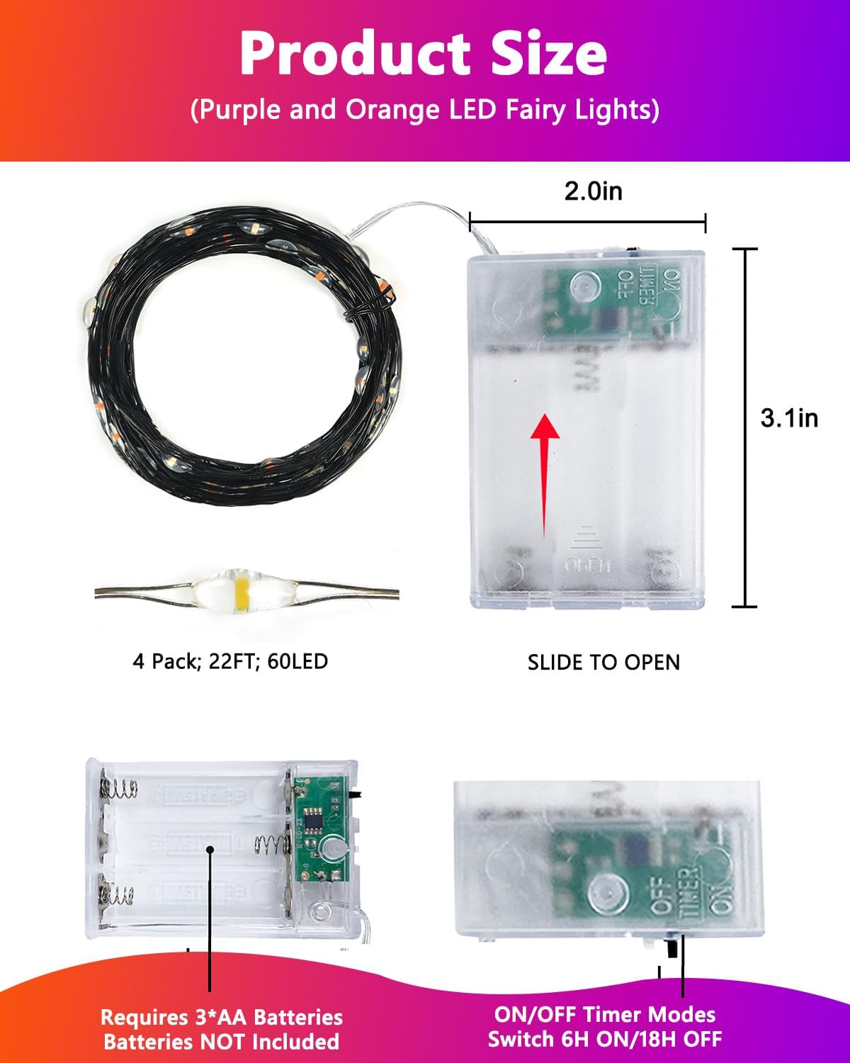 4 Pack 60LED Orange & Purple Fairy Lights Battery Operated with Timer, 20FT Waterproof Halloween Lights Outdoor Indoor, Black Wire String Lights for Bedroom, Party, Centerpiece, Halloween Decorations