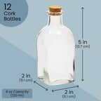 Juvale 12-Pack Mini Glass Bottles with Cork Lids - 4 oz Clear Vintage Square - Wedding Decor & Party Favors - Potion Bottles with Cork & Mini Glass Jars with Lids