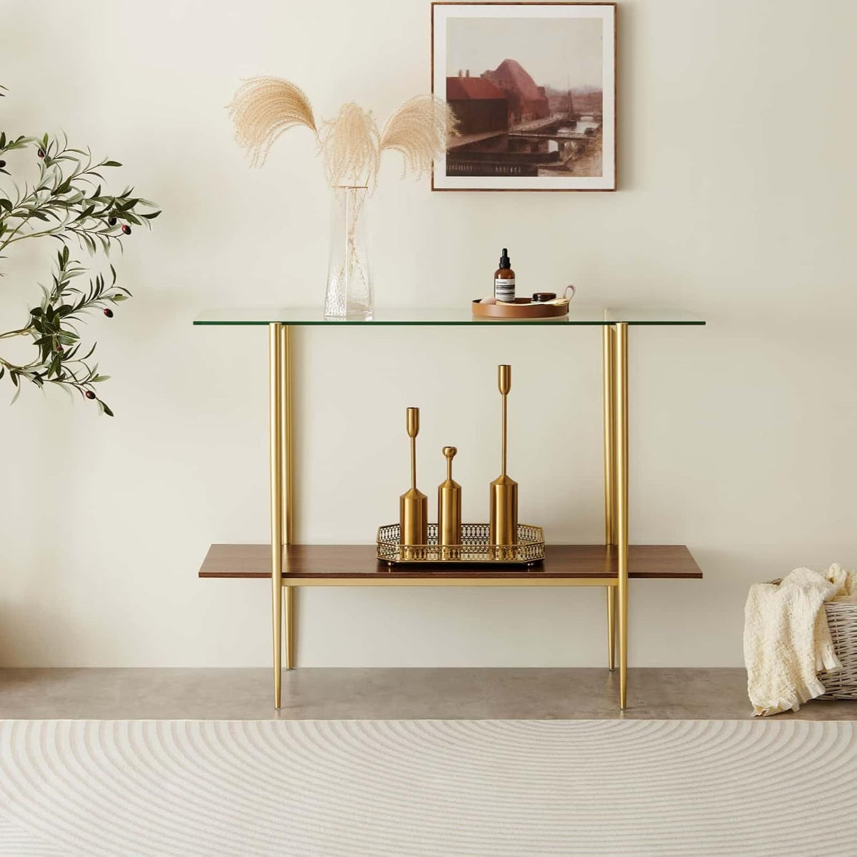 Glass Console Table for Living Room, Foyer & Entrance, 2-Tiers Mid-Century Modern Sofa Table with Clear Glass Top, Walnut Finish Wood Top and Gold Finish Metal Frame