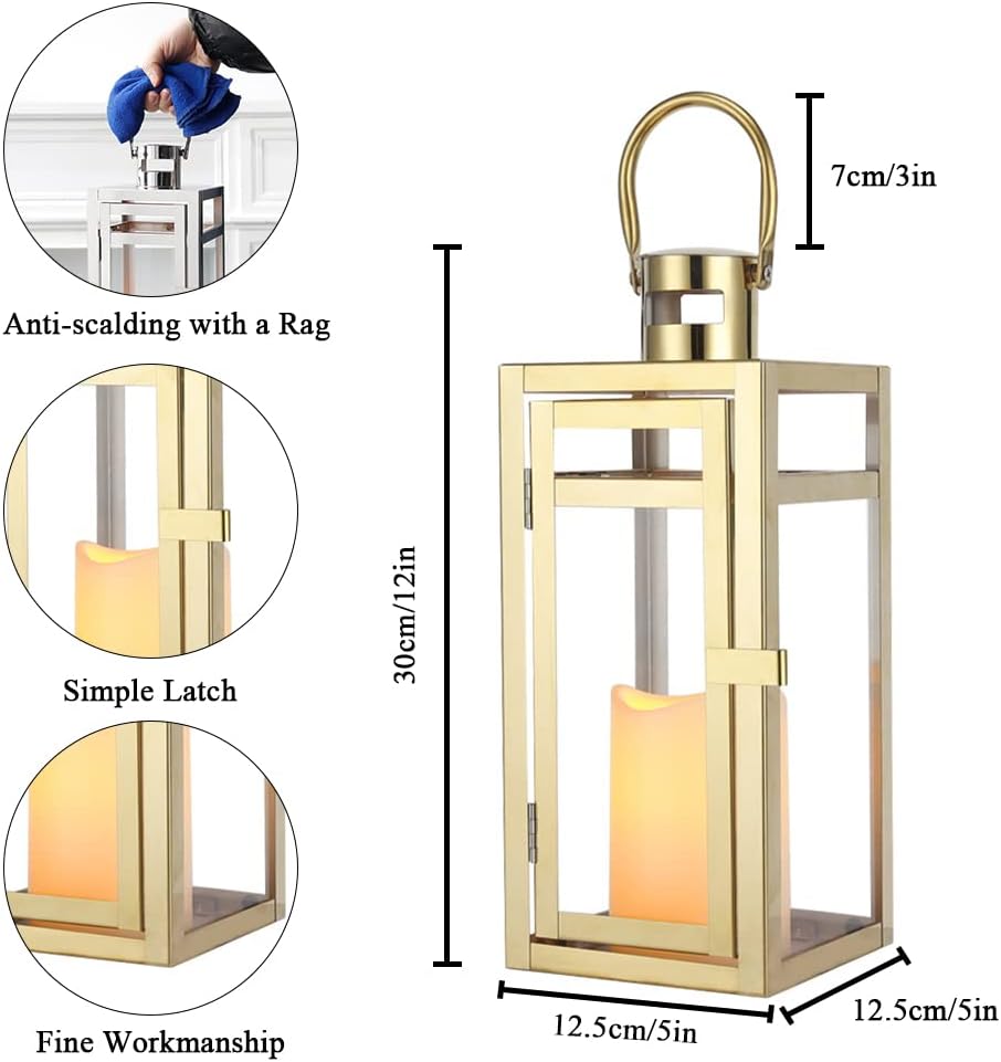 TRIROCKS Stainless Steel Decorative Lantern 12'' High Metal Candle Holder Outdoor Candle Lantern with Tempered Panels for Christmas Home Decor Living Room Parties Events Tabletop Indoor Outdoor (Gold)