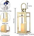TRIROCKS Stainless Steel Decorative Lantern 12'' High Metal Candle Holder Outdoor Candle Lantern with Tempered Panels for Christmas Home Decor Living Room Parties Events Tabletop Indoor Outdoor (Gold)