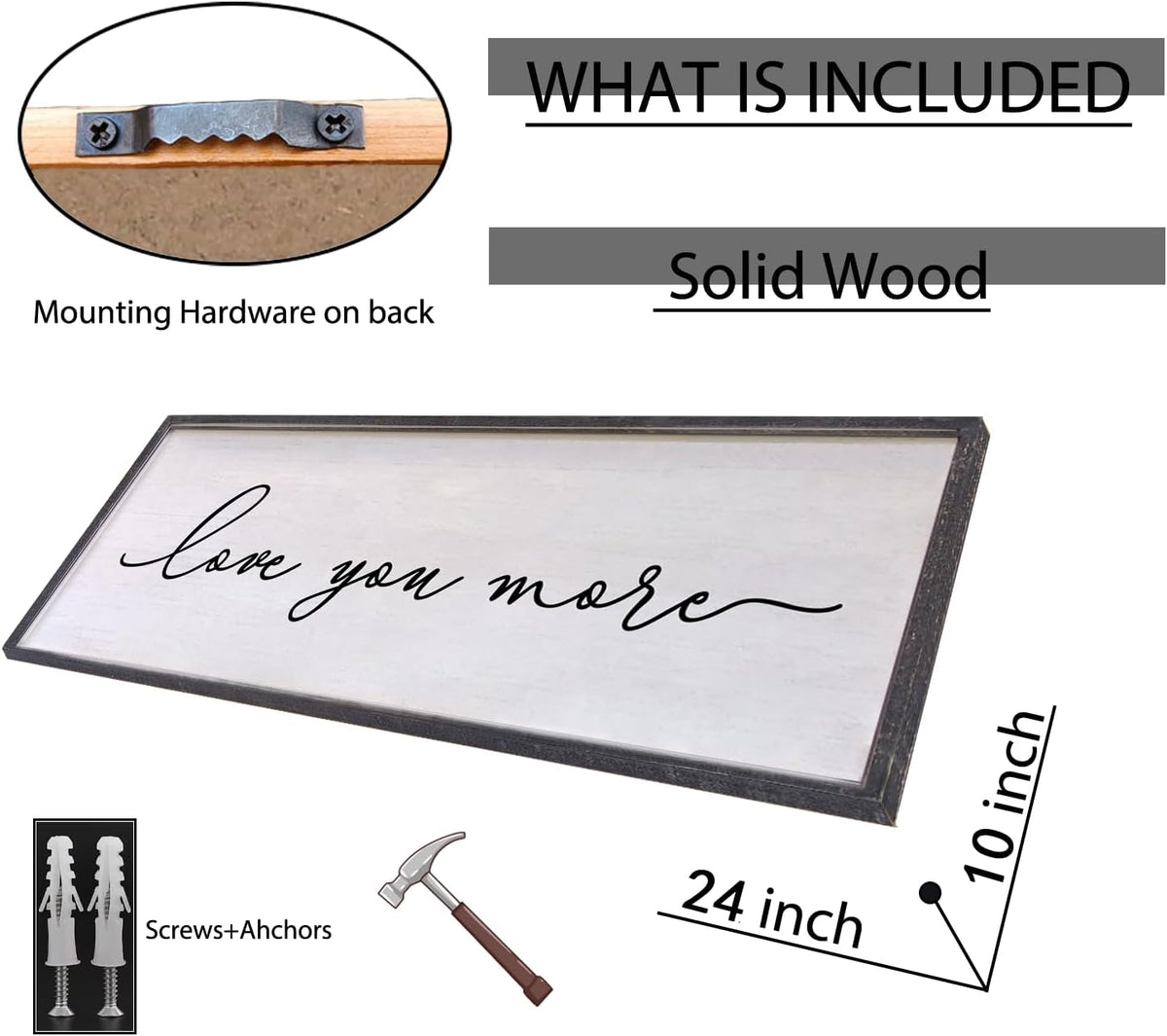 Love You More Sign Wall Decor 24×10 Inch Above Bed for Master Bedroom Ready to Hang Wood Framed Art (Black)