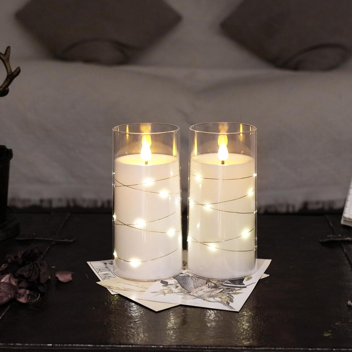 NURADA Flickering Flameless Candles: Built-in Star String Lights, Acrylic Battery Operated LED Pillar Candles with Remote and Timer for Romantic Mood Home Decoration - 2 Pack Pure White