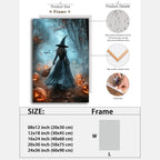 Vintage Moody Halloween Witch Artwork Wall Decor,Spooky Halloween Gothic Canvas Artwork Creepy Horror Witch with A Broom Pumpkin Bats Rustic Forest Picture,Dark Academia Poster,20"x30" Framed