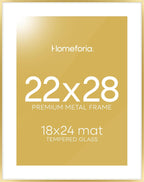 Homeforia 22x28 Picture Frame Gold, High End Metal 22 x 28 Large Poster Frames with Mat 18 by 24 for Photo, 22x28 Gold Frame Matted to 18x24 inch Print, 28x22 Frame, Tempered Glass, Wall Kit, Set of 1