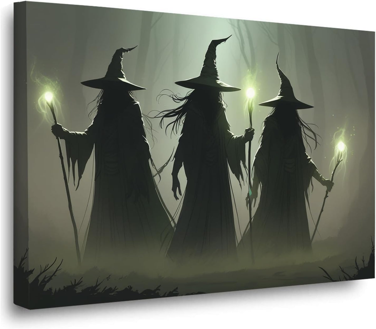 Vintage 3 witches canvas wall decor melancholy dark Halloween poster wall decor holding a staff print Gothic horror Halloween painting print for living room bedroom20x30in Wood Framed