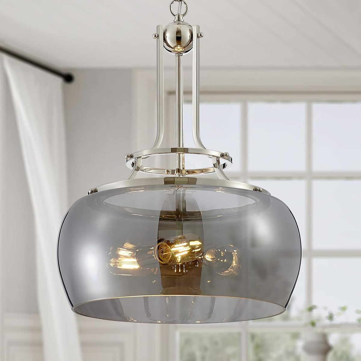 WUZUPS Nickel Chandelier Rustic Farmhouse Industrial Round Ceiling Pendant LED Light Fixture Electroplated Gray Glass Shade for Dining Room Kitchen Island Foyer Entryway, H 20.9" W 15.9", E26 Base