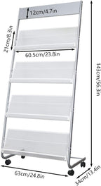 4-Layer Iron Magazine Rack with Wheels, Newspaper Rack, Display Rack, Silver (63)