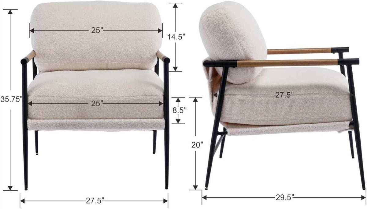Mid-Century Accent Chair Set of 2, Soft Armchair Sherpa Fabric Lounge Chair with Black Metal Legs, Upholstered Leisure Chair for Living Room Bedroom Reception Room, White