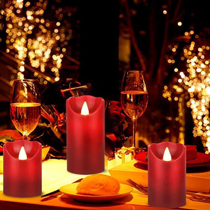 Flameless Battery Operated LED Candles with10key Button Remote Control 24-Hour Timer Set of 3 Electric Flickering Pillar Real Wax，Wedding, Party, Home Decoration (Red)