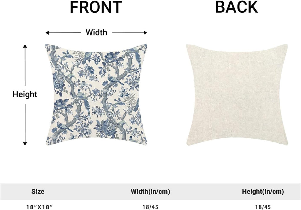 CXMEIFLY Spring Pillow Covers 18 x 18 Inch Set of 2 for Navy Blue Chinoiserie Flowers Bird Decor Throw Pillows Vintage Floral Plant Outdoor Decorative Cushion Cases for Couch Bed Decorations