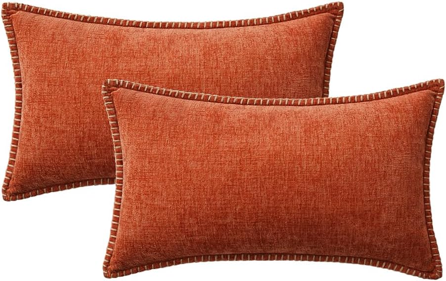 MIULEE Pack of 2 Fall Couch Throw Pillow Covers 12x20 Inch Rust Farmhouse Decorative Pillow Covers with Stitched Edge Soft Chenille Solid Dyed Pillow Covers for Sofa Bed Living Room