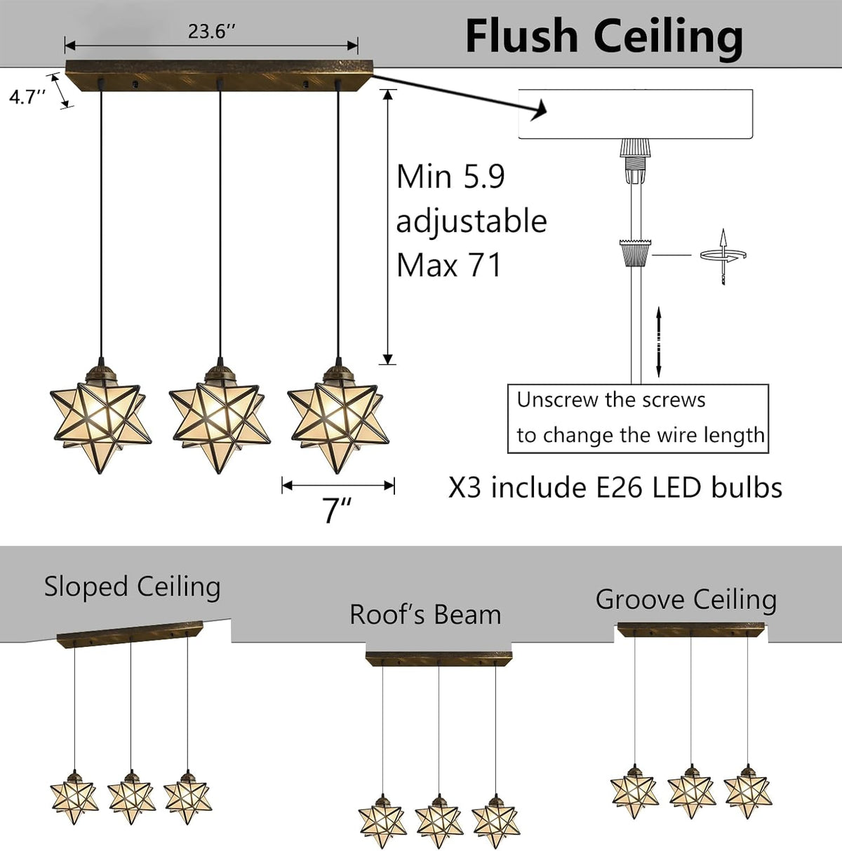 Farmhouse Frosted White Glass Chandelier 3 Lights Star Pendant Lights for Dining Table Kitchen Island Modern Ceiling Hanging Lights Included LED Warm Light Bulbs Oiled Bronze
