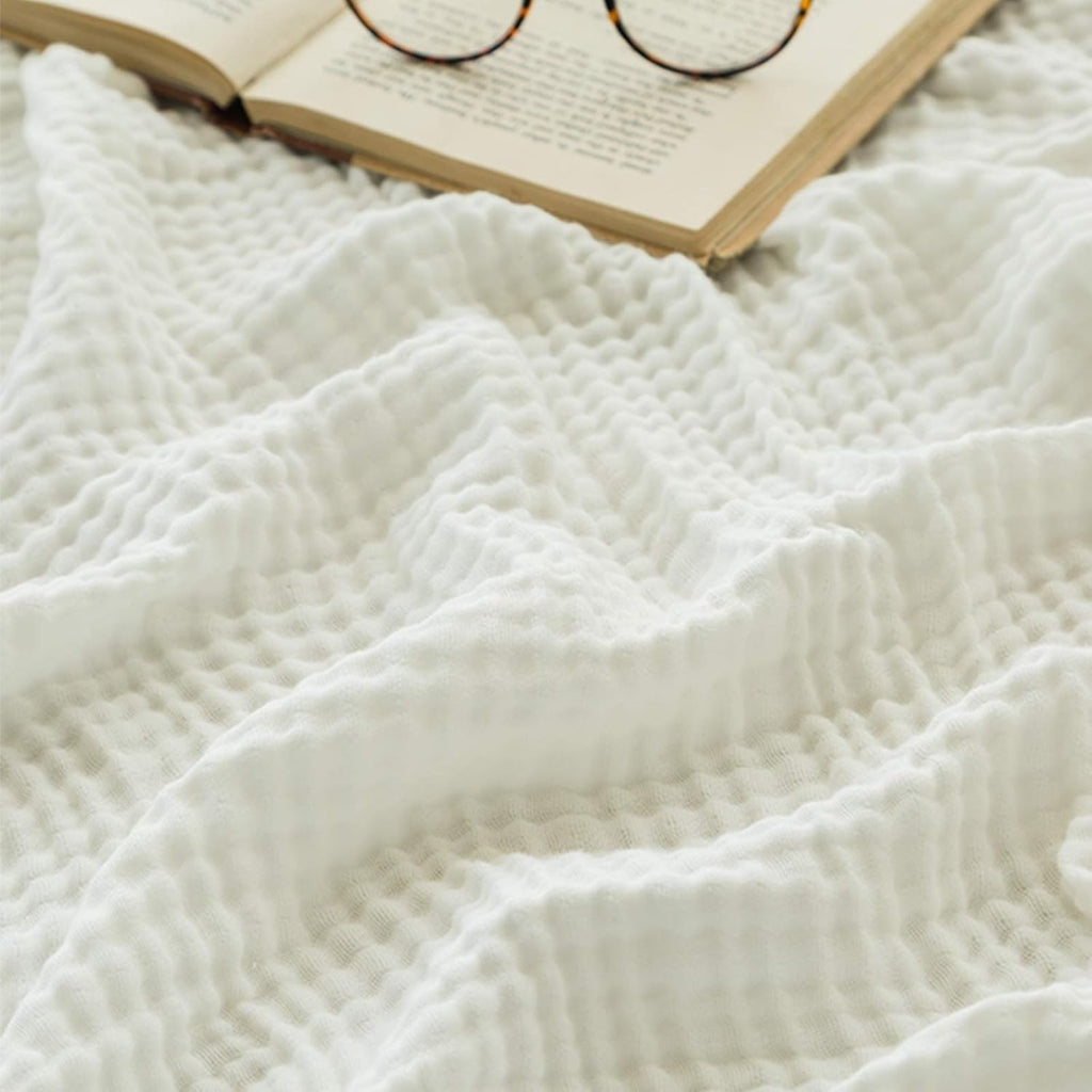 EMME Cotton Blanket for Couch Breathable Gauze All Season Soft and Lightweight Muslin White Throw Blankets for Adults (White, 50"x70")
